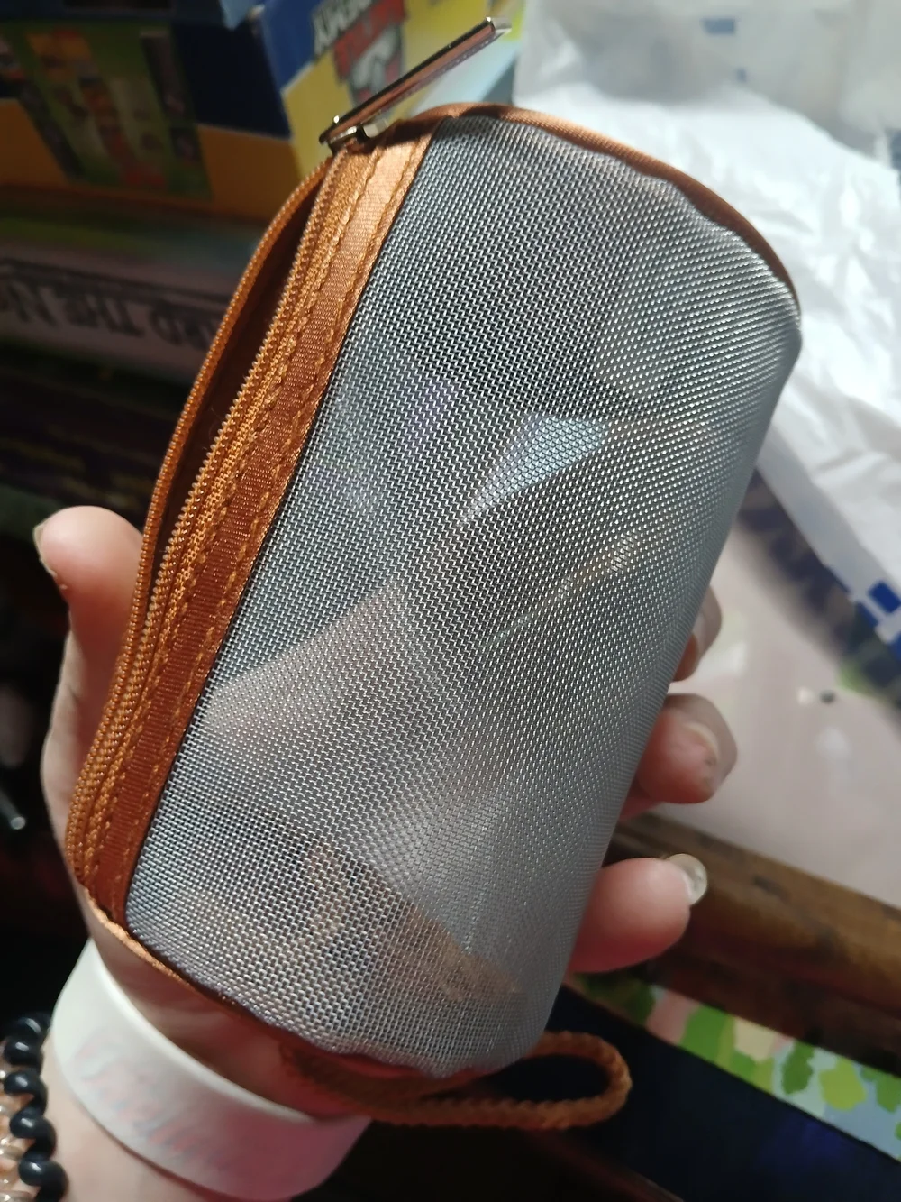 Compact Gray and Copper Baby Accessory Bag